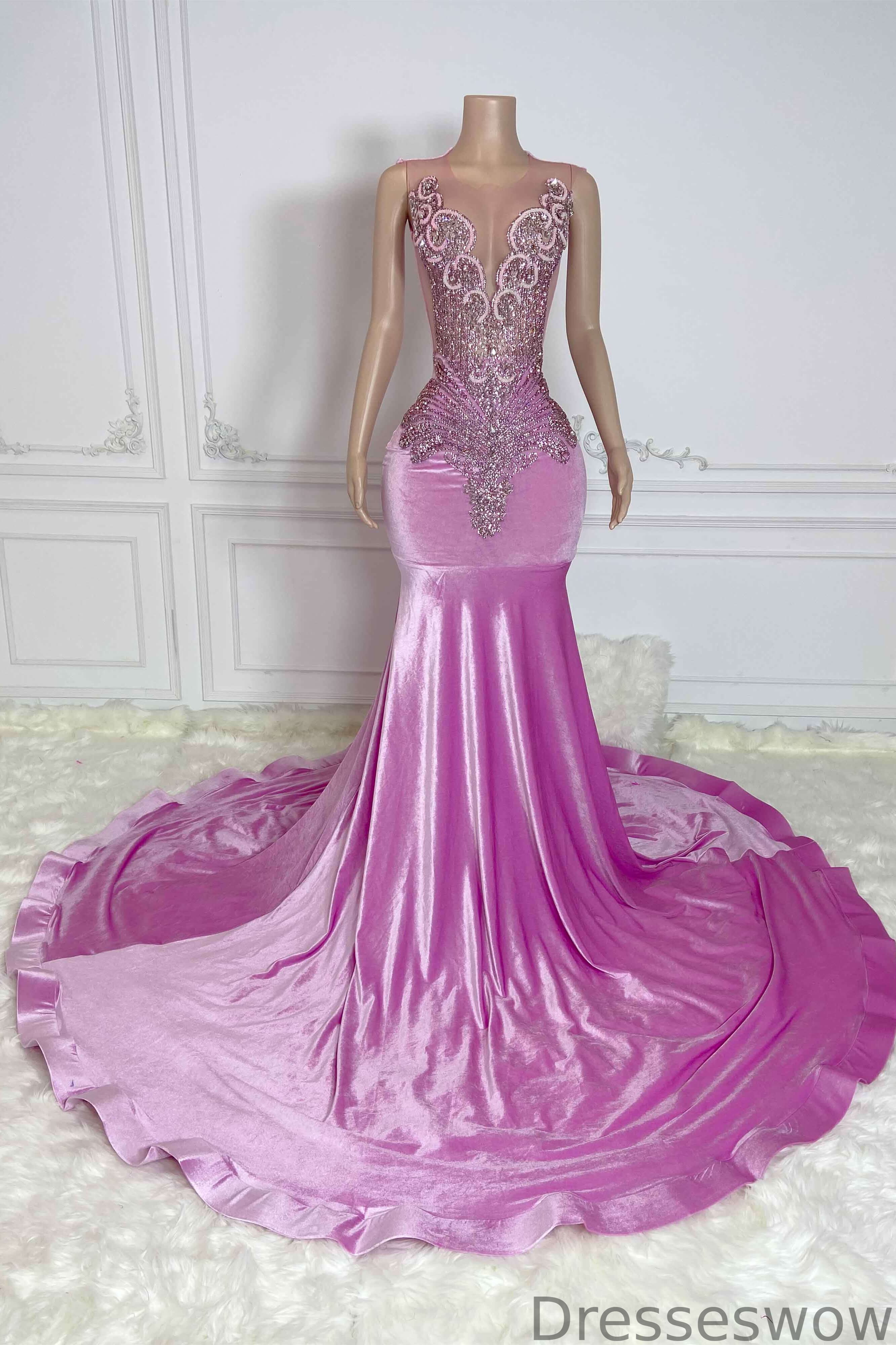 Dresseswow Pink Scoop Sleeveless Mermaid Formal Dresses With Beadings Velvet