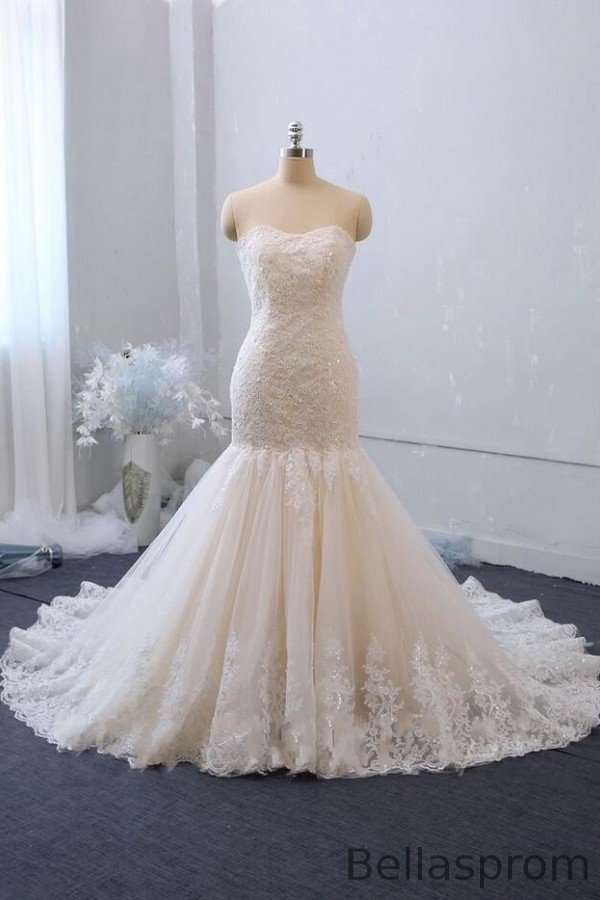 Bellasprom Classic Backless Tulle Long Mermaid Wedding Dress Lace Appliques Sweetheart Bellasprom