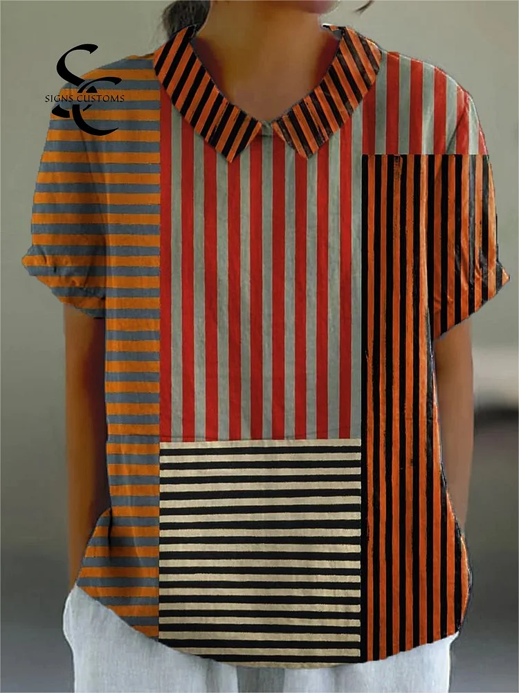 Women's Abstract Colorful Stripes Painting Art Print Casual Cotton And Linen Shirt