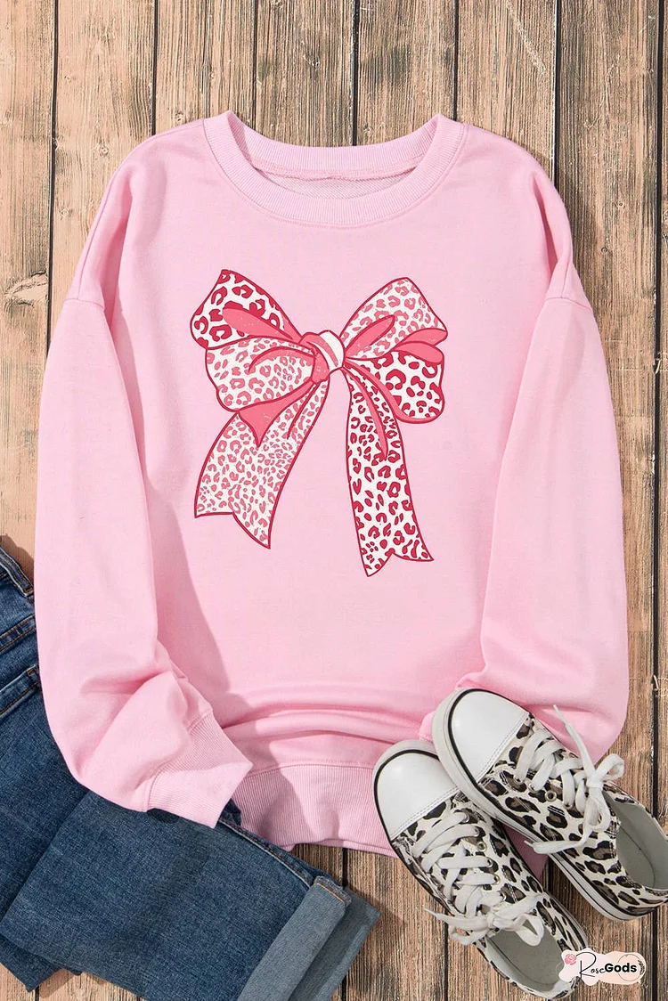 Leopard Bowknot Printed Crewneck Pullover Sweatshirt