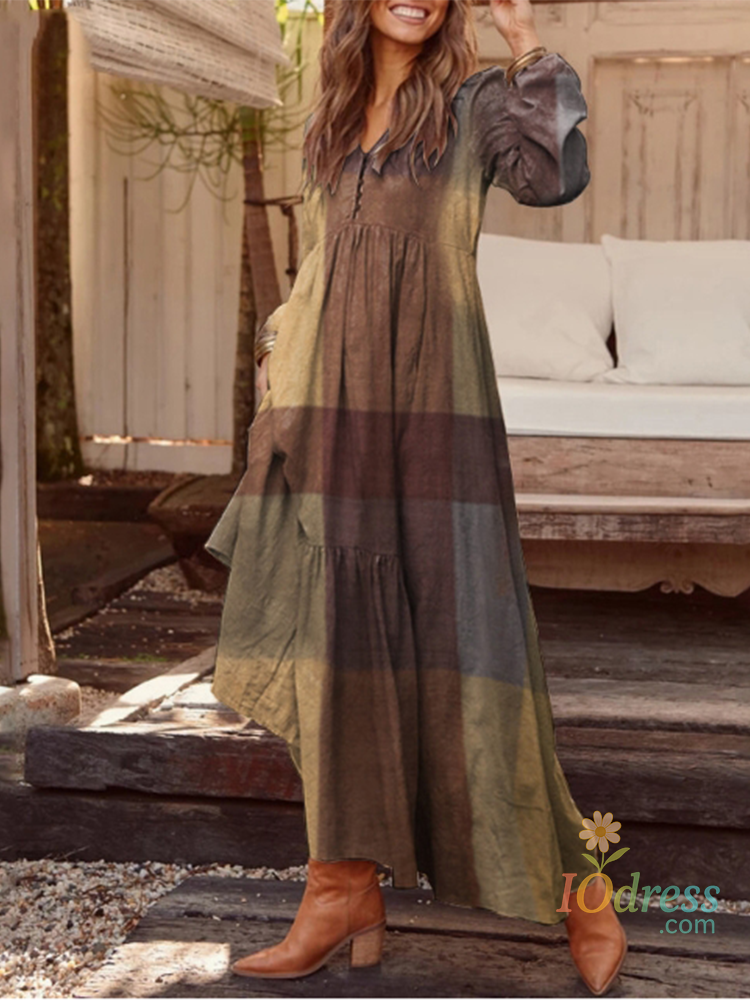 IO Dress Color Blocked V-neck Long Sleeved Printed Casual Women's Dress Street Fashion Artistic Retro Style Autumn Dresses