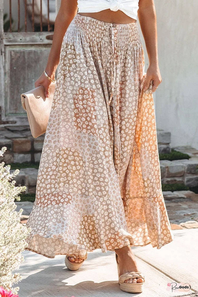 Smocked Waist Buttoned Bohemian Floral Maxi Skirt