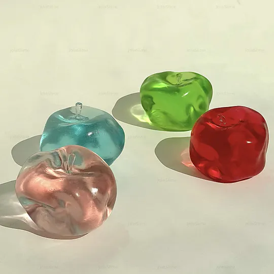 Floppy Apple Collection handmade soft jelly gel stress ball series by JoliSlime in four colorways: Green Flopple, Pink Flopple, Blue Flopple, and Cherry Flopple
