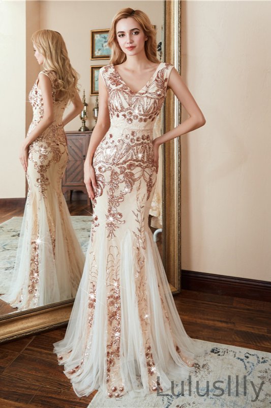 Gorgeous V-Neck Sleeveless Sequins Mermaid Evening Dress Long On Sale - lulusllly