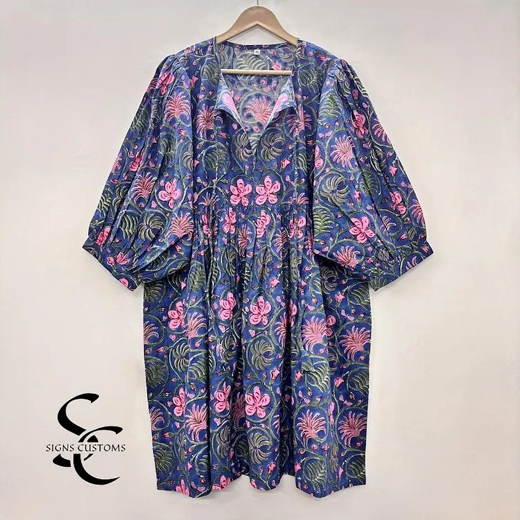 Floral Hand Block Print Woman Midi Dress &ndash; Soft Cotton Summer Tunic with String Closure