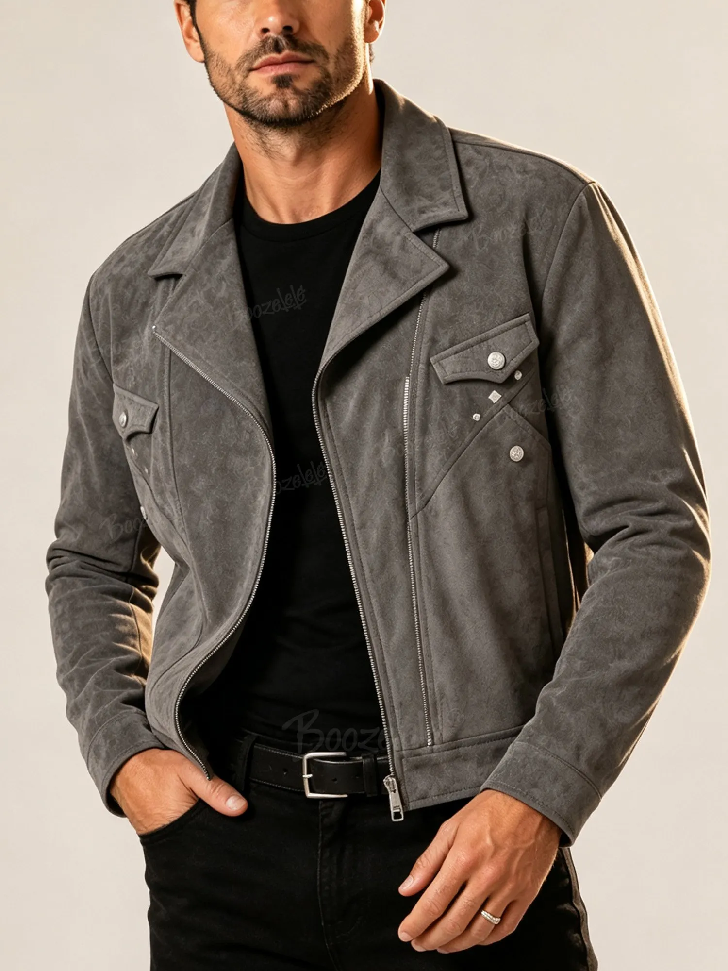 Perfect For A Western Cowboy Festival &mdash; Brown-Grey Studded Pocket Suit-Style Suede Men'S Motorcycle Aviator Jacket