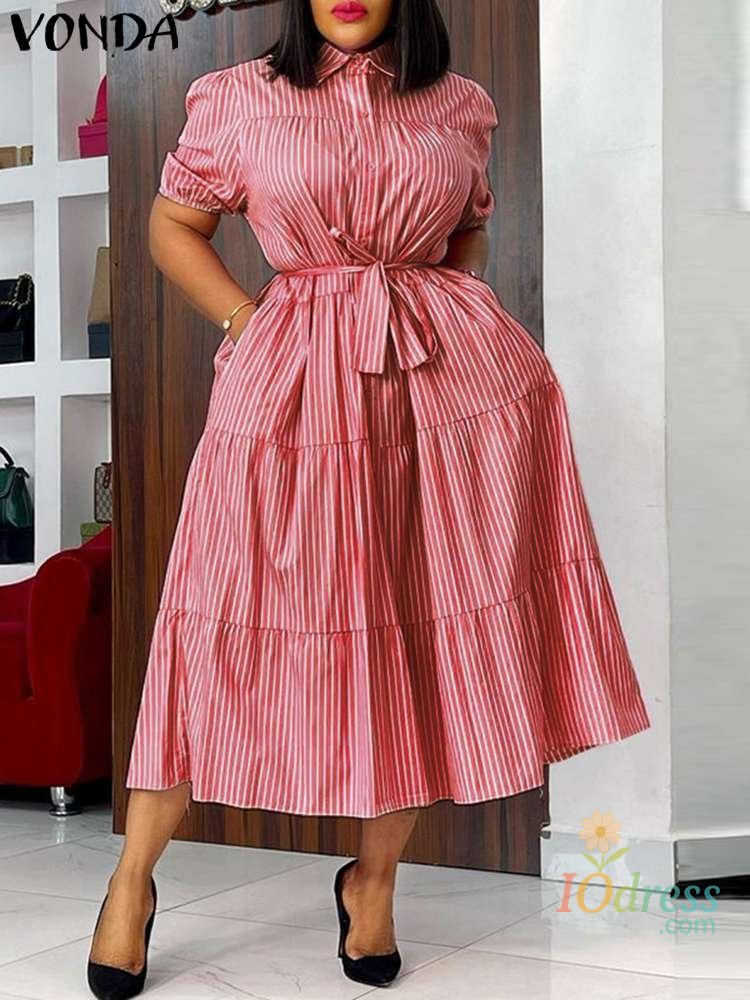 IO Dress Plus Size 5XL VONDA Women Fashion Shirt Dress 2025 Summer Short Sleeve Casual Midi Sundress Elegant Loose Stripe Vestidos Belted IO Dress