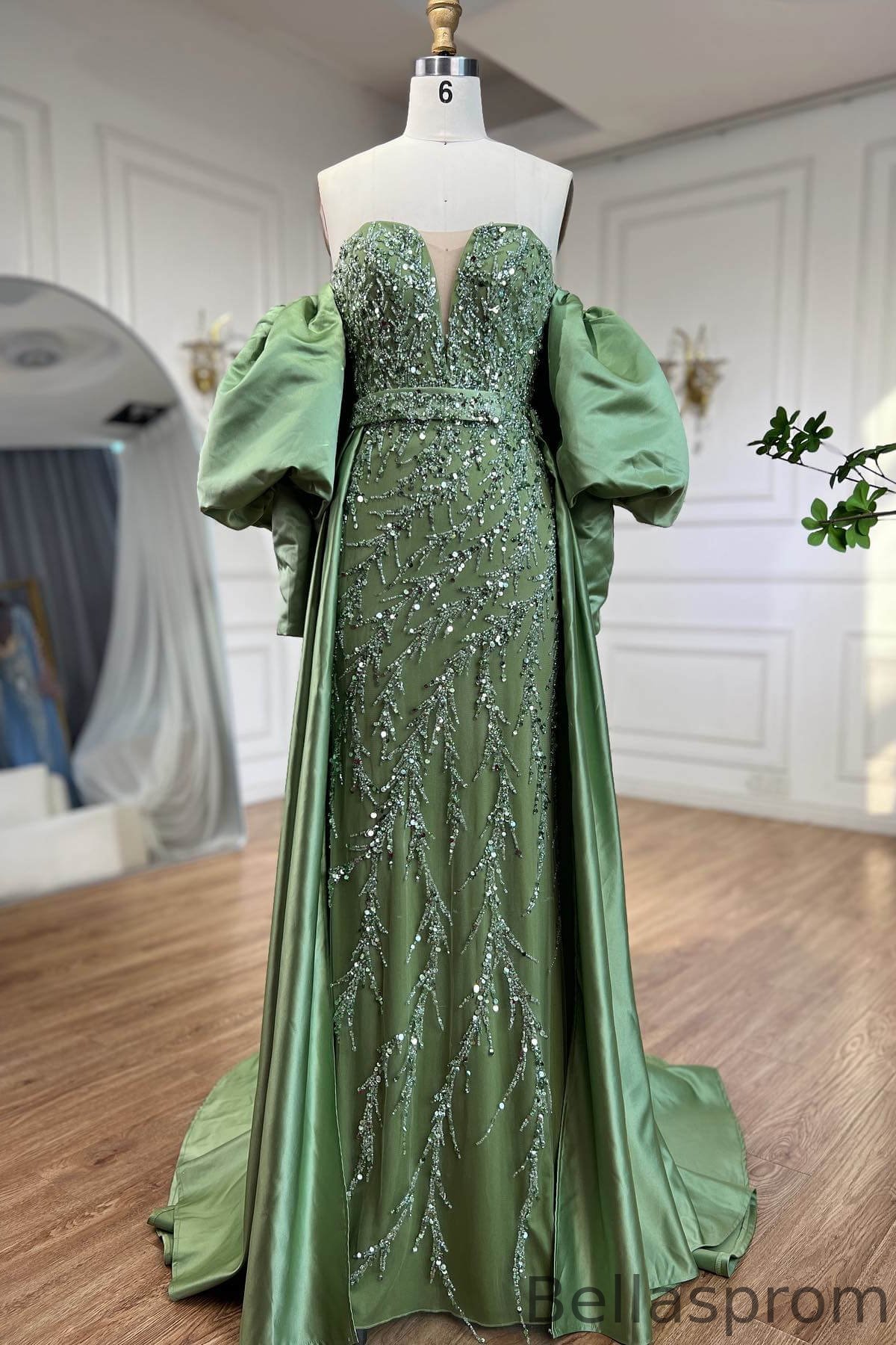 Bellasprom Sage Green Sweetheart Mermaid Evening Dress Long Sleeves With Beadings Bellasprom