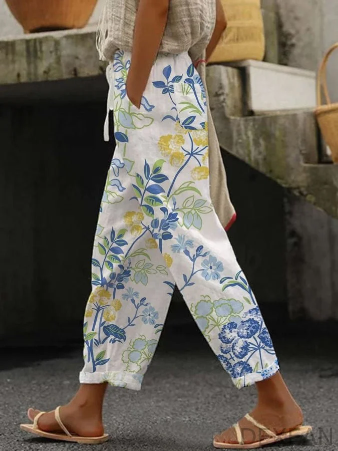 Women's Botanical Floral Design Print Lace-Up With Elastic Waist Loose Casual Pants