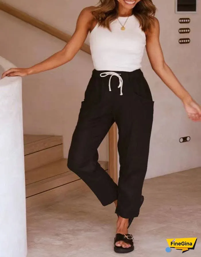 Solid Color Linen Casual Fit Ladies Pants SKP0111
