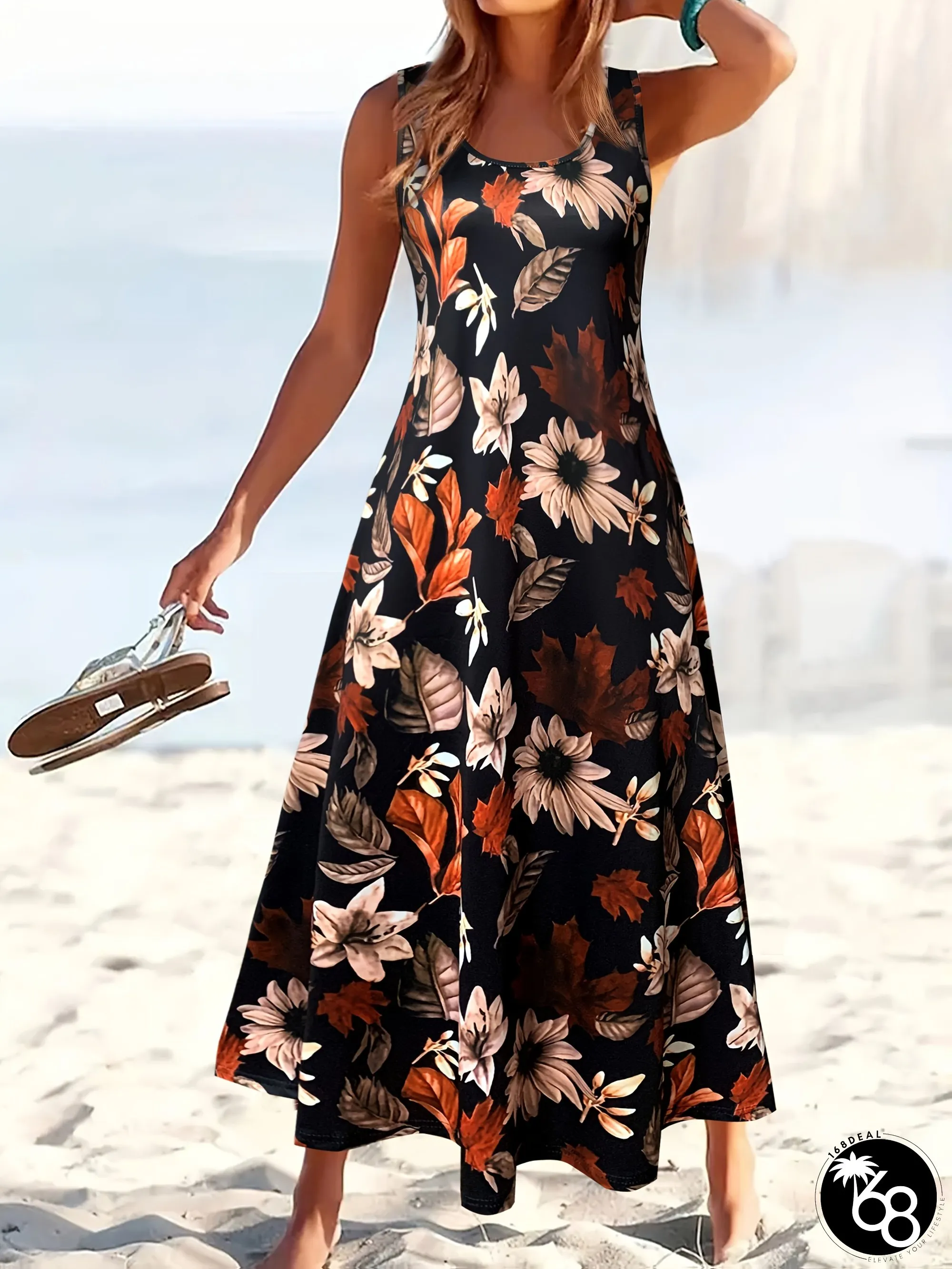 Floral Print Sleeveless A-line Midi Dress For Women Black With Vibrant Orange Brown | 168DEAL