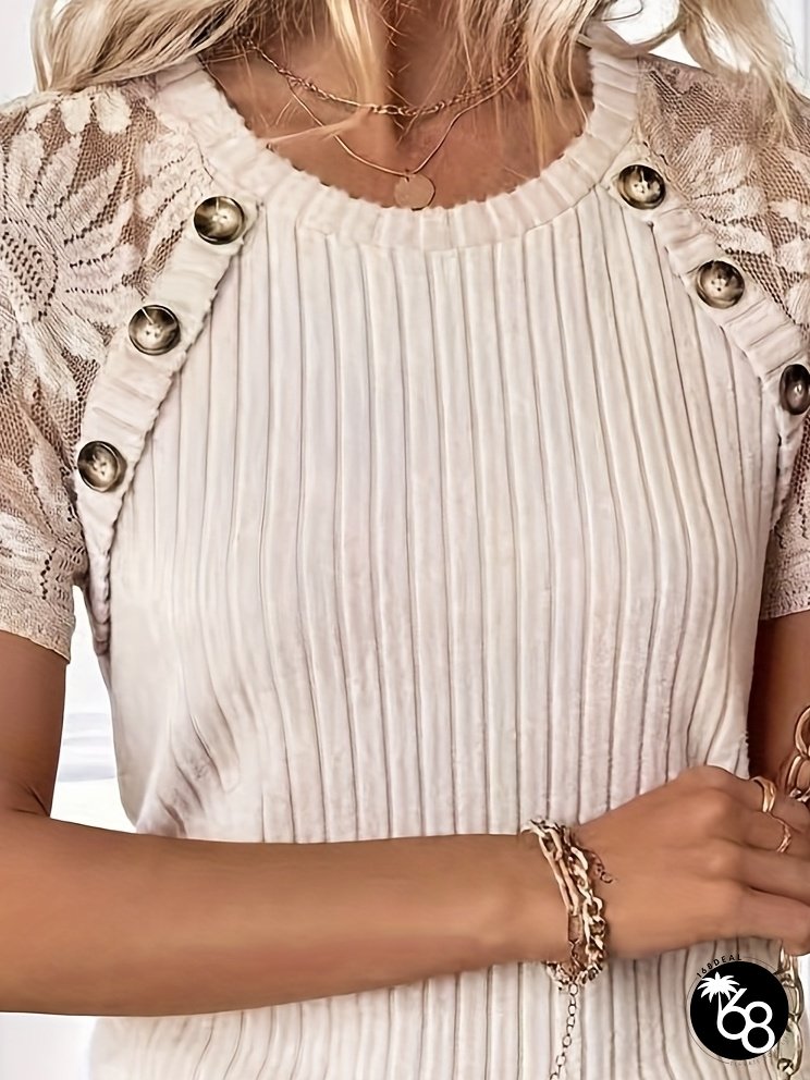 Summer floral womens short sleeve t-shirt contrast lace trim ribbed button detail | 168DEAL