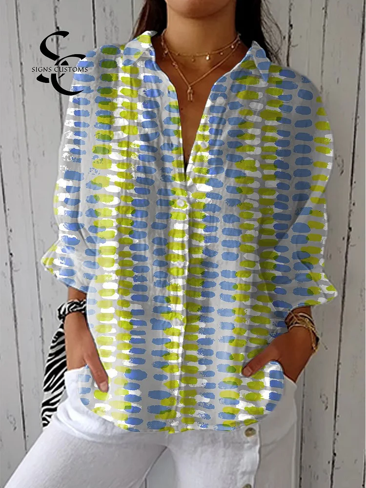 Women's Simple Graffiti Art Print Casual Linen V-neck Shirt