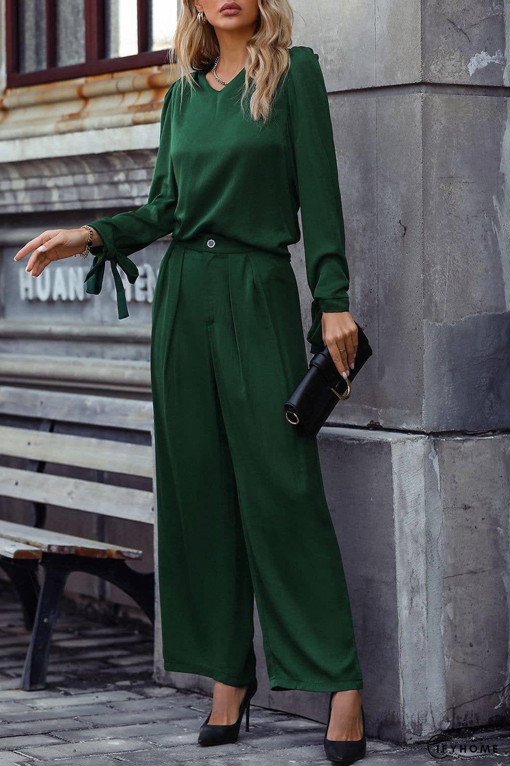 V-Neck Long Sleeve Top and Wide Leg Pants Set | IFYHOME