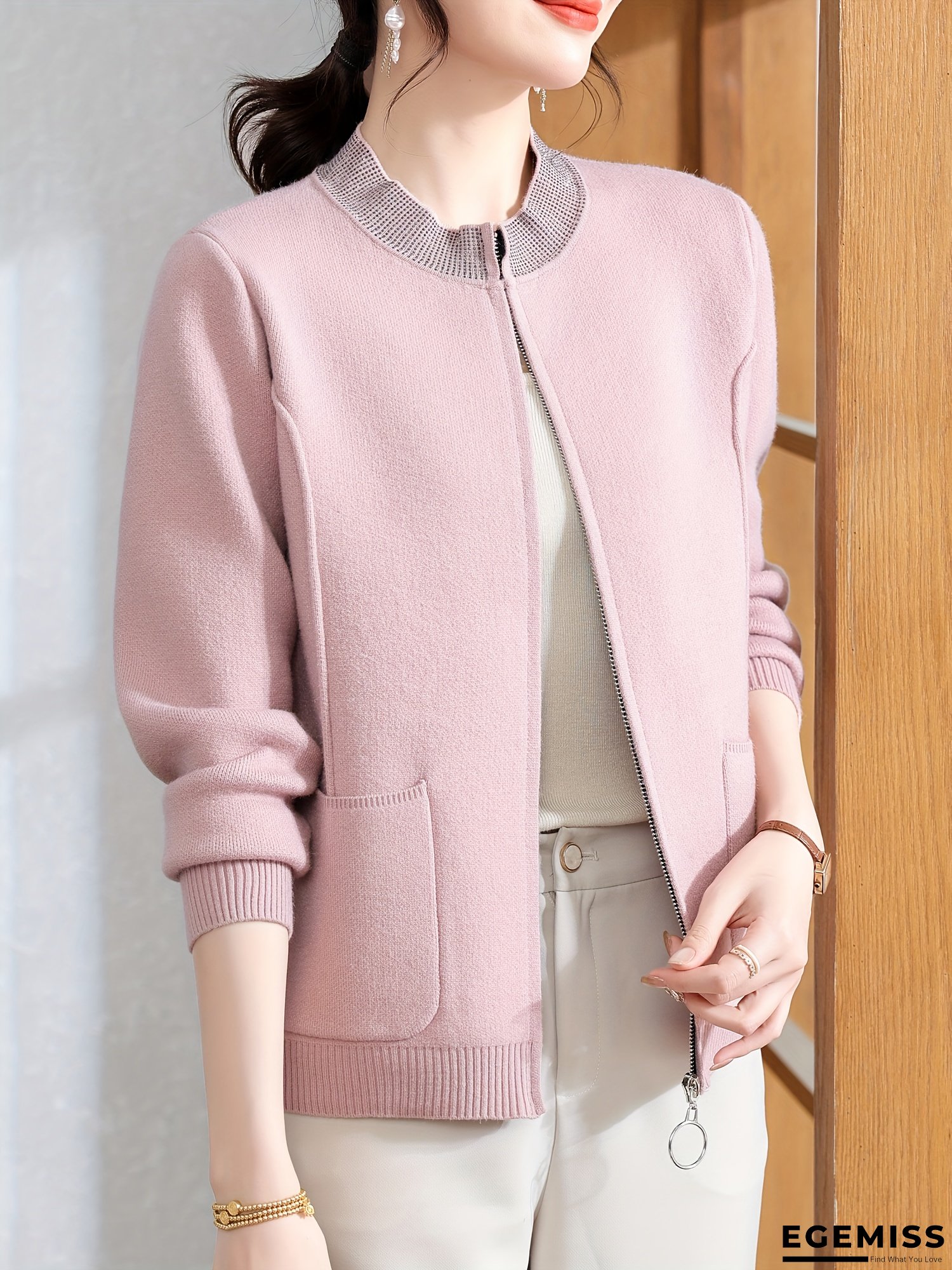 Women&lsquo;s Light Blue Cardigan - Elegant Open Front Sweater Jacket with Side Pockets, Chic Office to Party Outerwear for Fall/Winter, Everyday & Formal Events - Women&lsquo;s Clothing by Xueqi, Cardigan Sweater, Casual Layering Piece, Round Neckline | EGEMISS