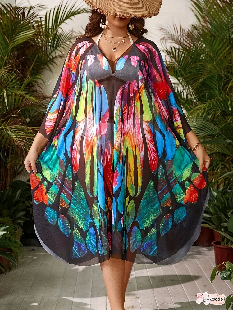 Women's Boho-Chic V-Neck Maxi Cover-Up Dress With Vibrant Floral Print, Lightweight Polyester, Perfect For Beach Vacations And Summer Outings, Beach Coverup Dress