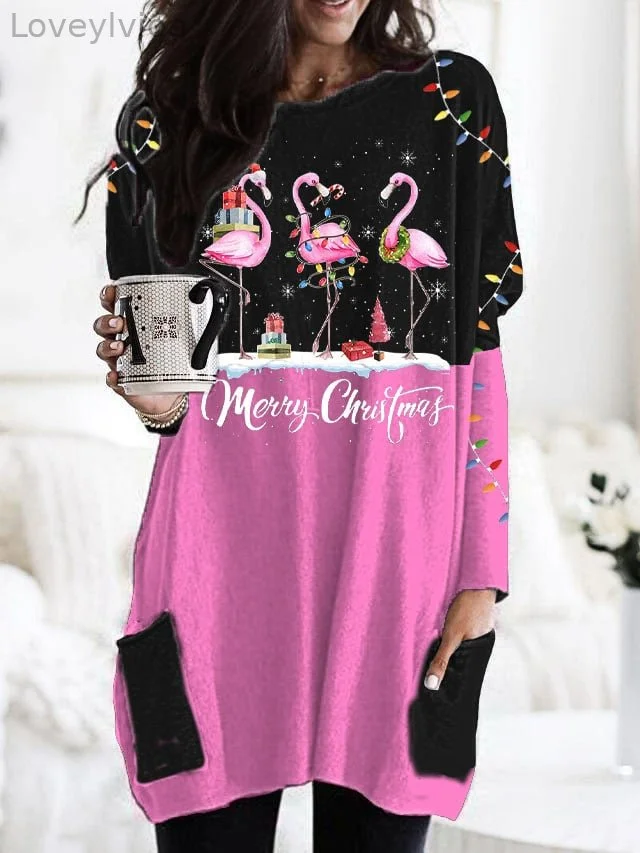 Women's Merry Christmas Christmas   Lights Flamingo Print Top Dress