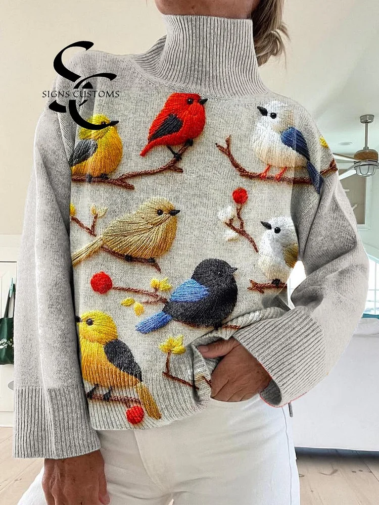 Women's Lovely Birds Pattern Art Print Knit Turtleneck Pullover Sweater