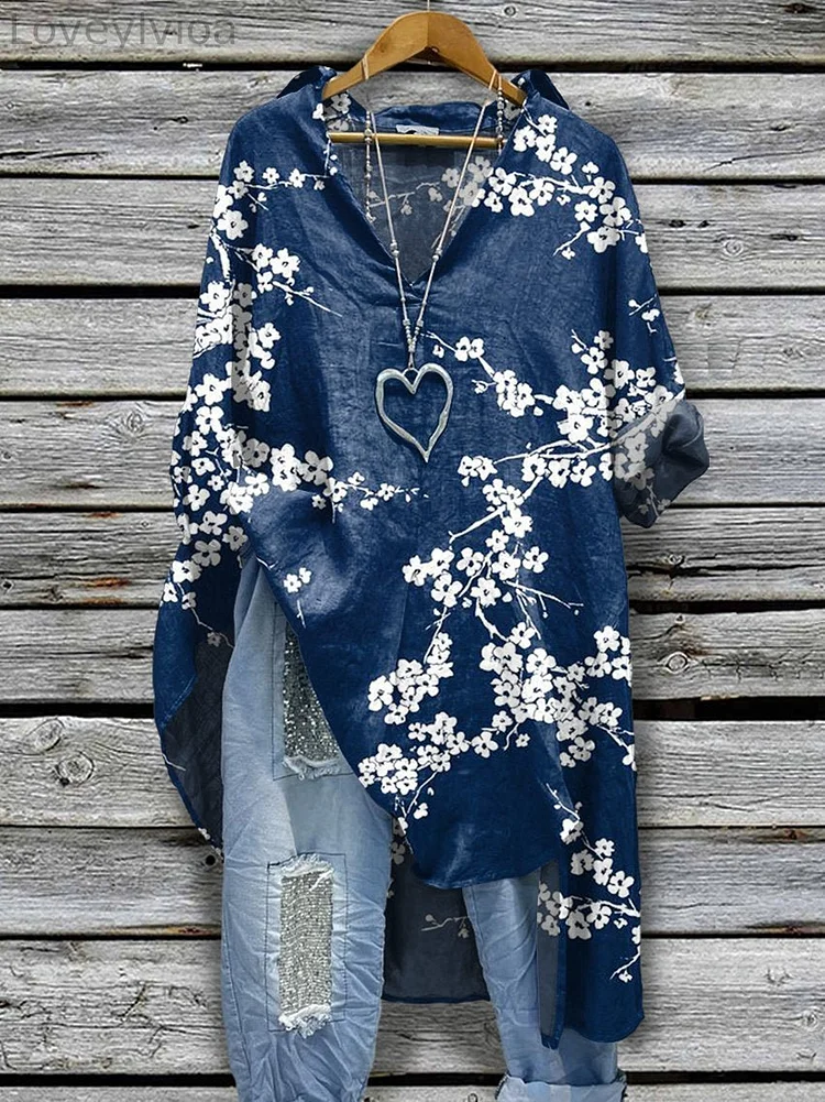 Women's Flower  Print Casual Cotton And Linen Blouse