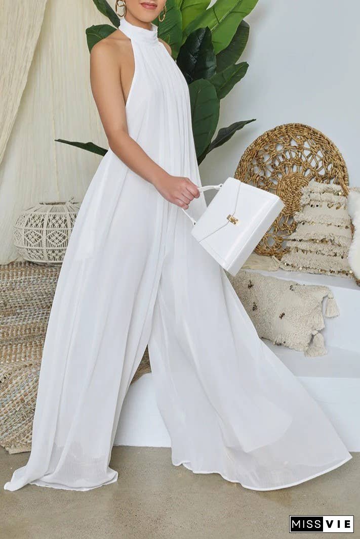 SS/24 chiffon halter backless pleated wide leg jumpsuit