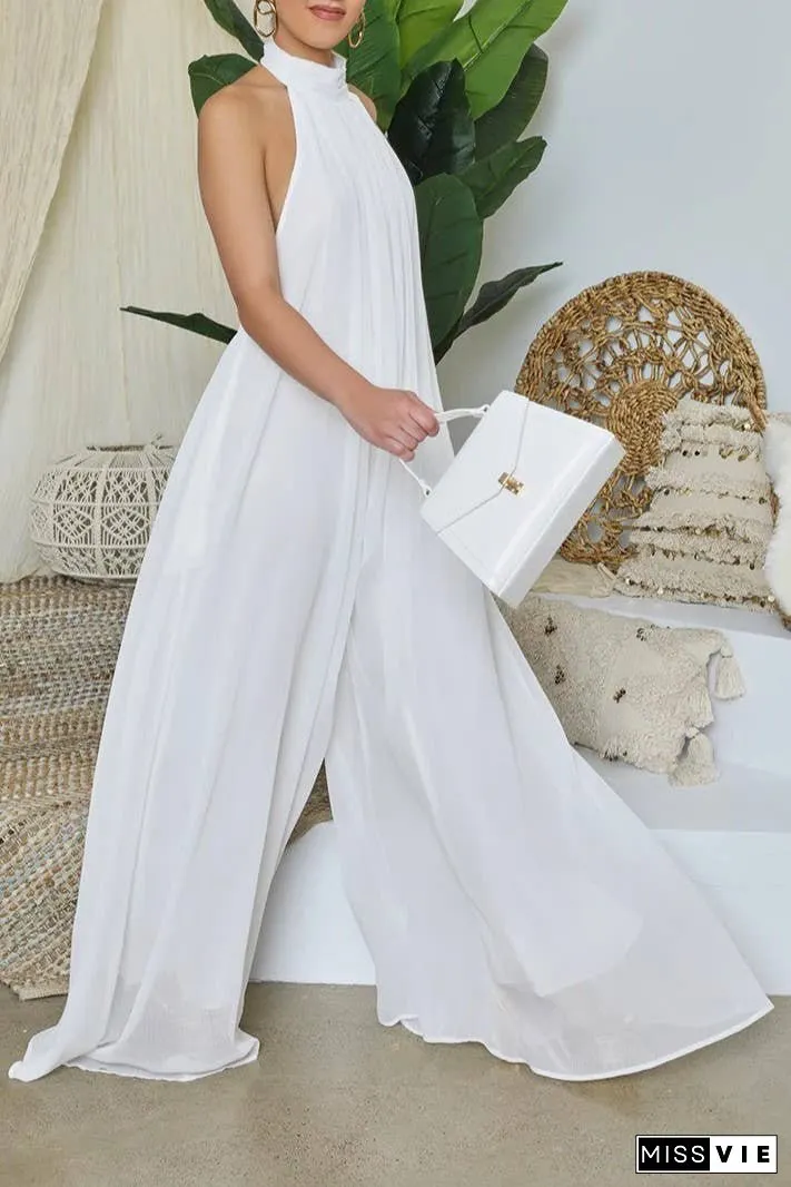 SS/24 chiffon halter backless pleated wide leg jumpsuit