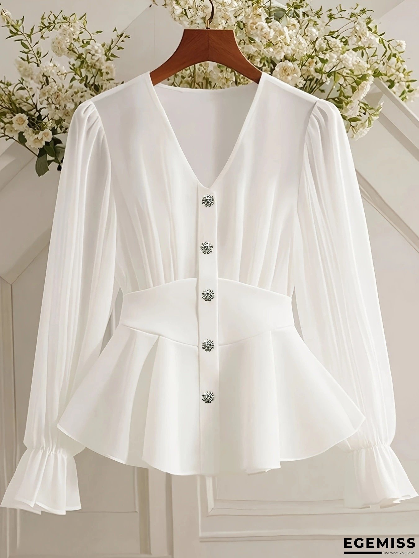 Women's Elegant V-Neck Wrinkle Button-Front Blouse with Ruffled Lace-Like Sleeve Edges - Semi-Sheer White All-Season Shirt, Structured Collar & Classic Fit for Casual to Formal Wear, Machine Washable, Office Attire, Versatile Top, Lace Detailing | EGEMISS