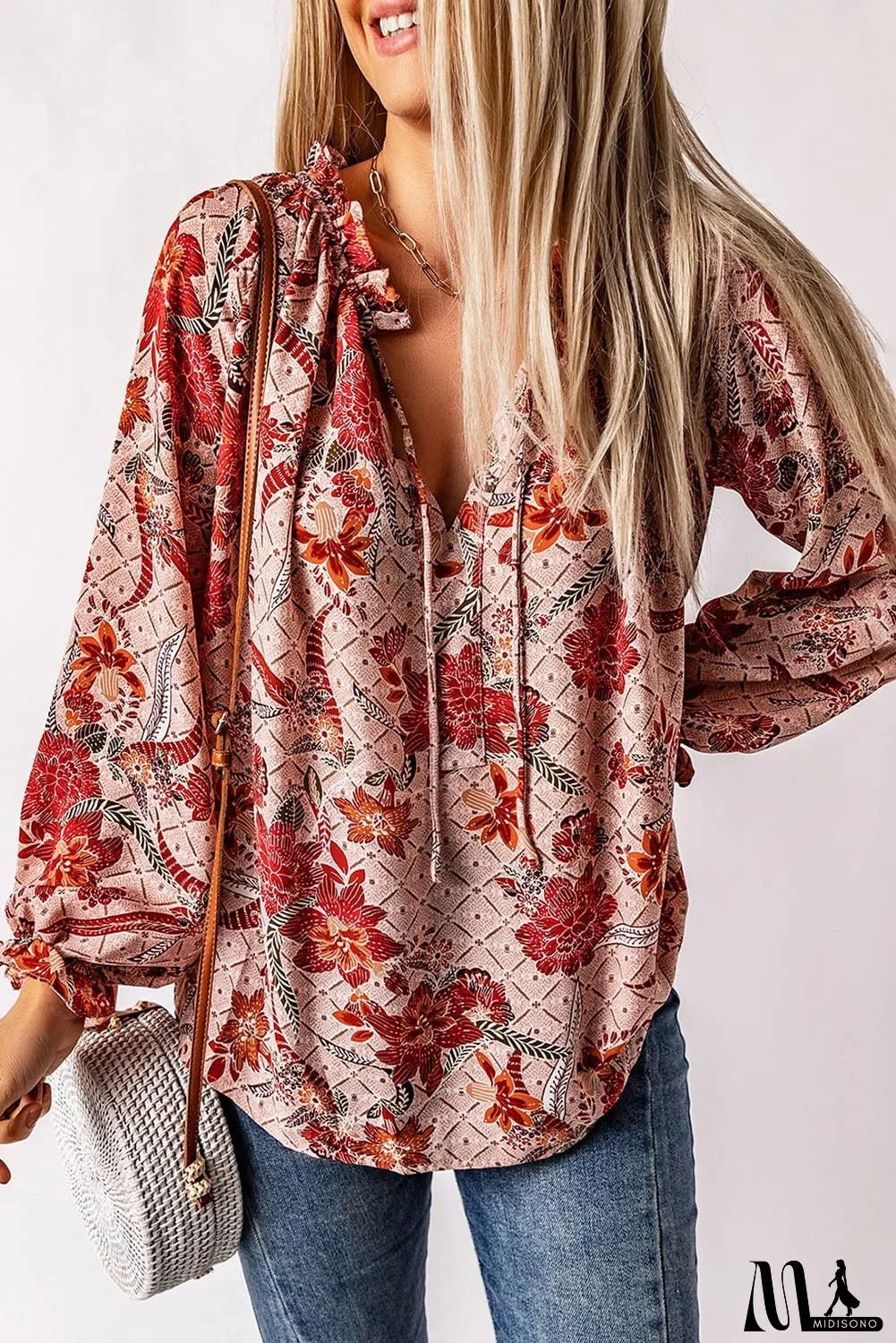 Pink Split V Neck Printed Blouse