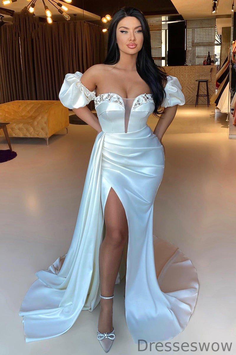 Dresseswow Off-the-Shoulder White Prom Dress Mermaid Slit Pleats With Beads
