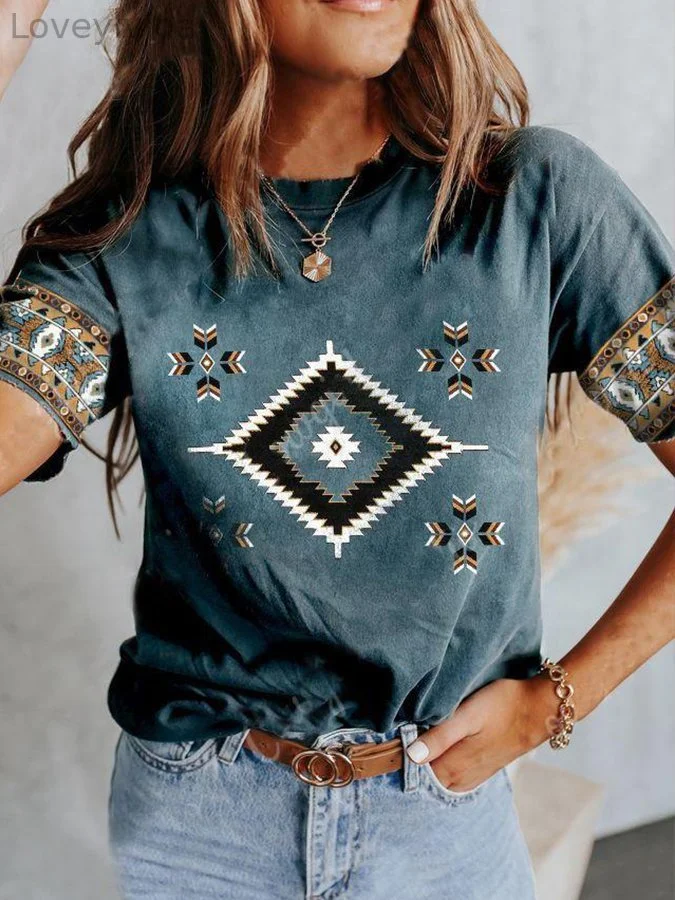 Women's Western Print Casual Crew Neck T-Shirt