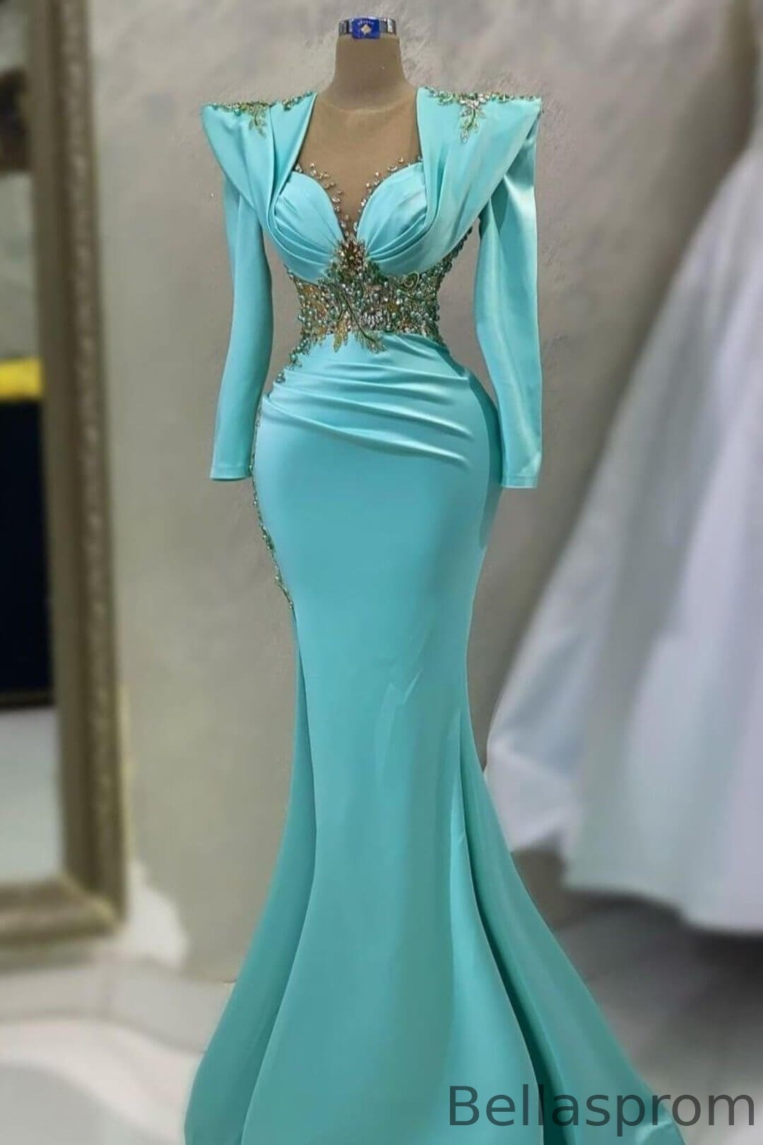 Bellasprom Tiffany Blue Long Sleeves Evening Gowns Mermaid With Beads Pearls Bellasprom