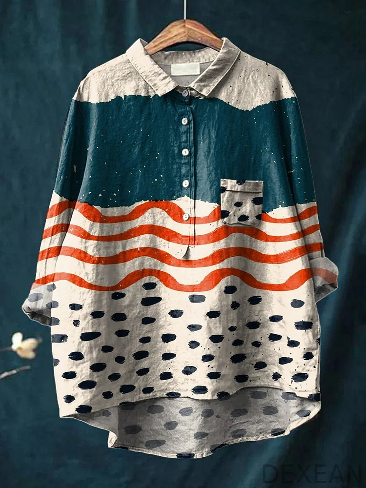 Multicolor Abstract Pattern Printed Women's Casual Cotton And Linen Shirt