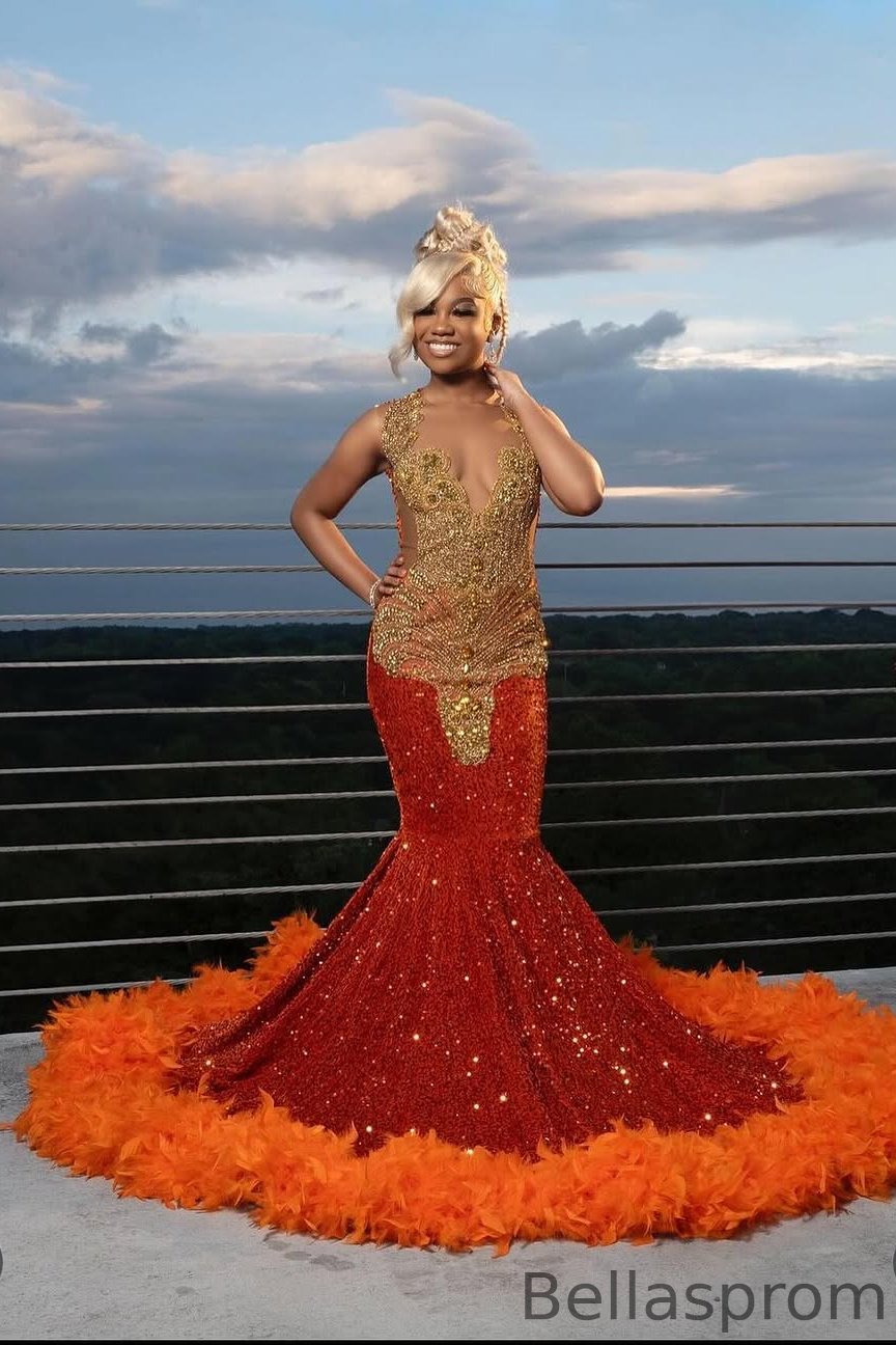 Lulusll Orange Mermaid Sequins Prom Dresses Gold Beadings Long With Feather Bellasprom
