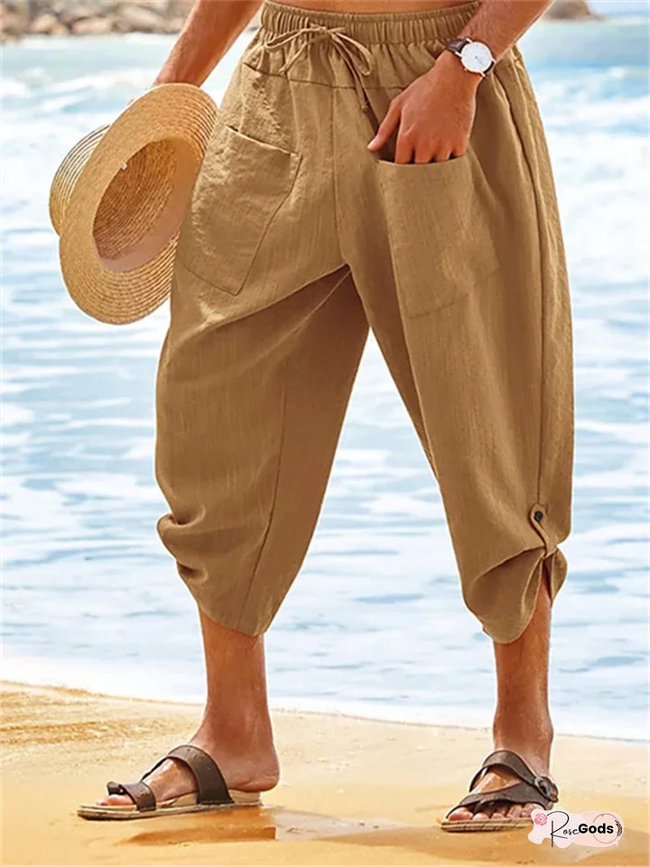 Men's Shorts Linen Shorts Summer Shorts Beach Shorts Capri Pants Drawstring Elastic Waist Front Pocket Plain Comfort Breathable Daily Holiday Going out Linen / Cotton Blend Hawaiian Boho Black Green