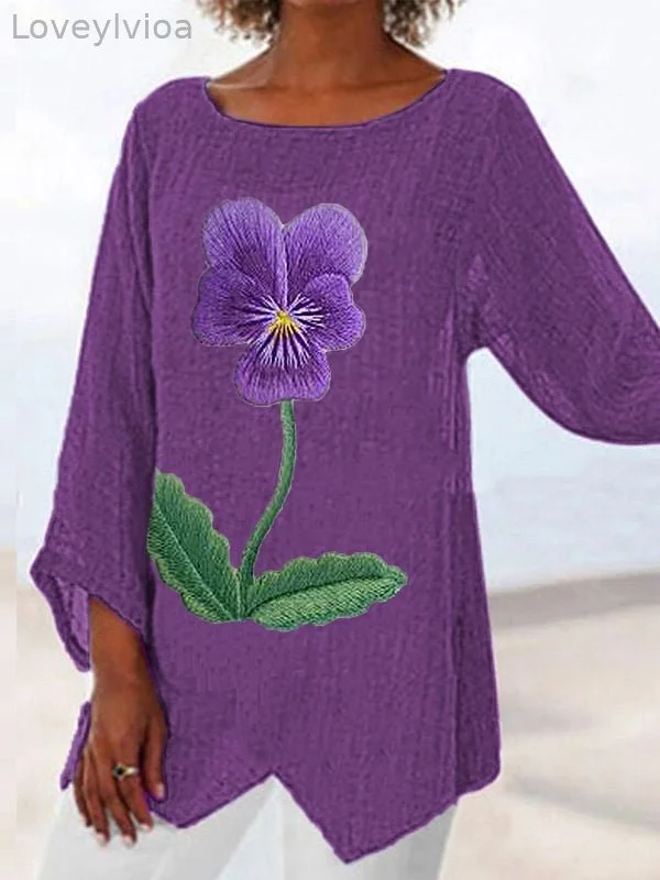 Women's Purple Flower Print Irregular Hem Casual Shirt