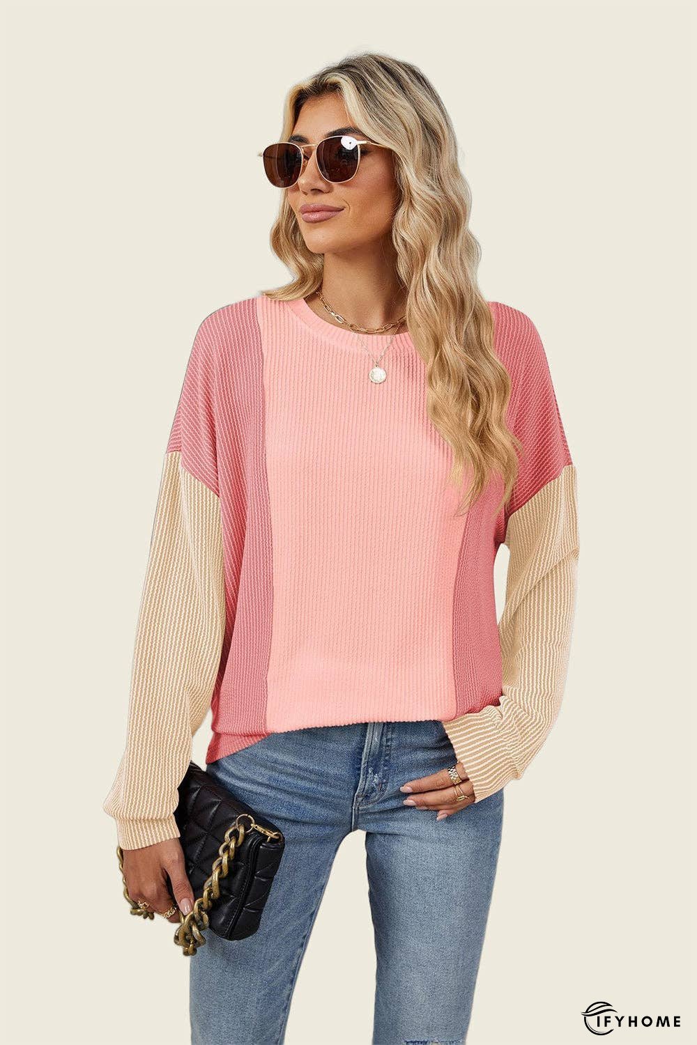 Double Take Texture Contrast Round Neck Long Sleeve T-Shirt | IFYHOME
