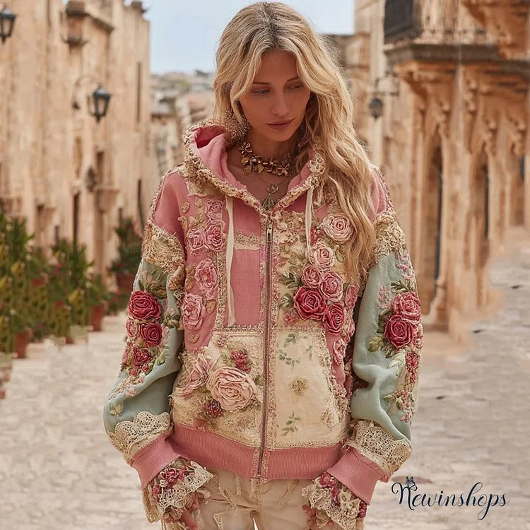 Vintage Floral Embroidery Patchwork Art Cozy Zipper Hoodie