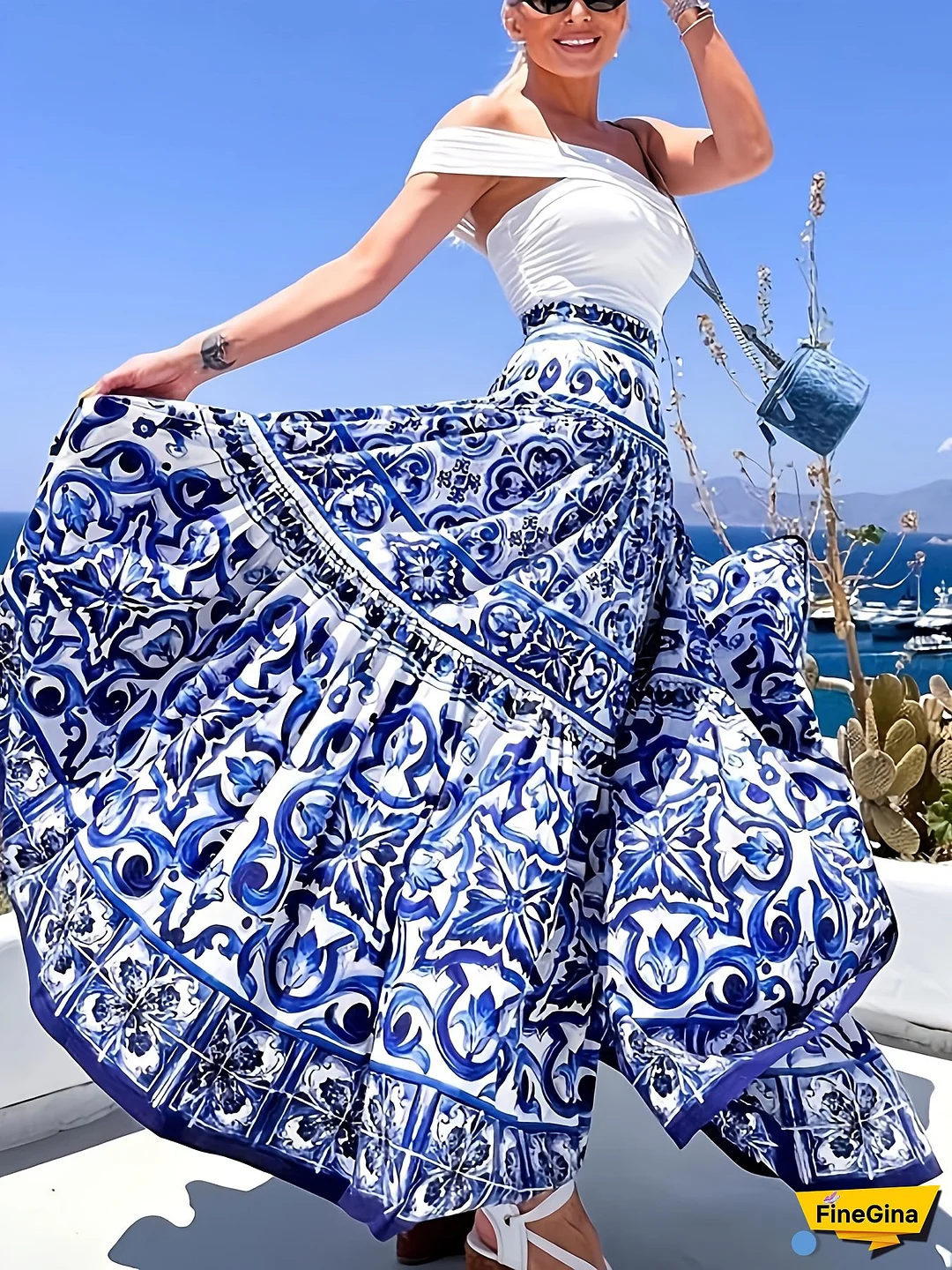Women‘s Elegant Blue and White Floral Print Maxi Skirt - Flowing A-Line Design with Tiered Hem, Perfect for Beach Vacations, Spring/Summer/Fall, Beach Attire|Floral Print Top|Adjustable Waist Skirt