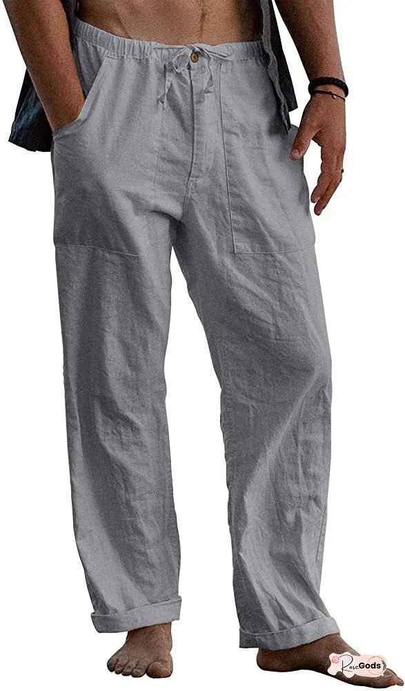 Men's Linen Pants Yoga Beach Loose Casual Summer Waist Drawstring Loose Pants