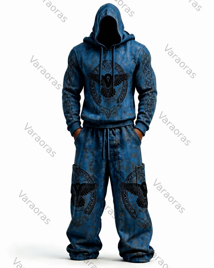 Men's Viking-Style Color-Blocked Knot Embroidered Hoodie and Pants Set 4388