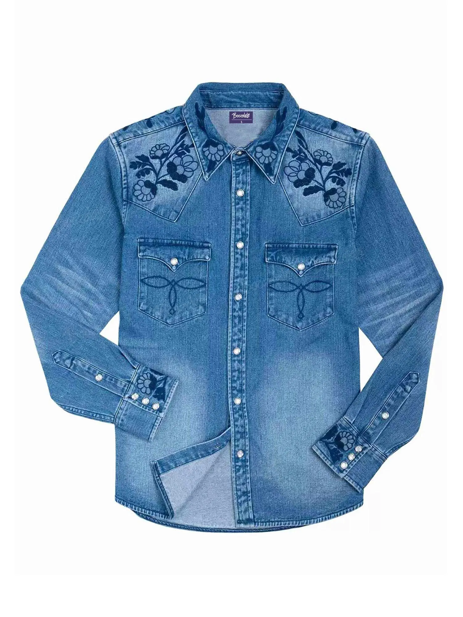 【Embroidery】VintageFloral WesternShirt Distressed Denim Finish
