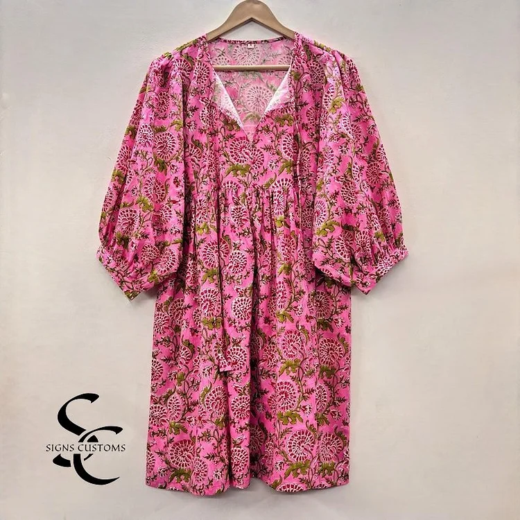 Pink Floral Block Print Woman Midi & Mini Dress for Women &ndash; Summer Tunic