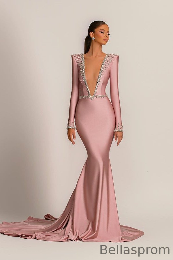 Bellasprom Dusty Pink Long Sleeve Prom Dress Mermaid Deep V-Neck With Beads Bellasprom