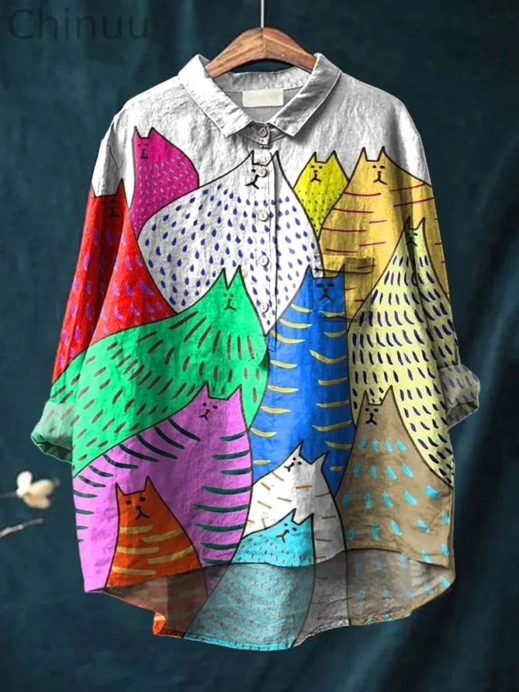 Cartoon Cats Graphic Printed Women's Casual Cotton And Linen Shirt