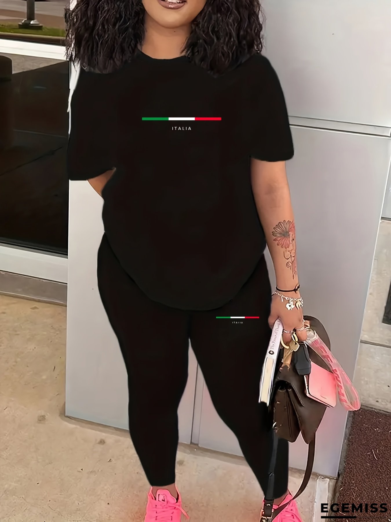 Printed Pattern Set, Casual Short Sleeve Round Neck T-Shirt and Pants Two-Piece Outfit for Women | EGEMISS