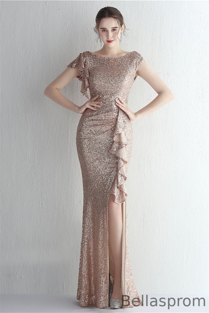 Bellasprom Cap Sleeveless Mermaid Sequins Evening Gown Long With Split Ruffles YE0073 Bellasprom
