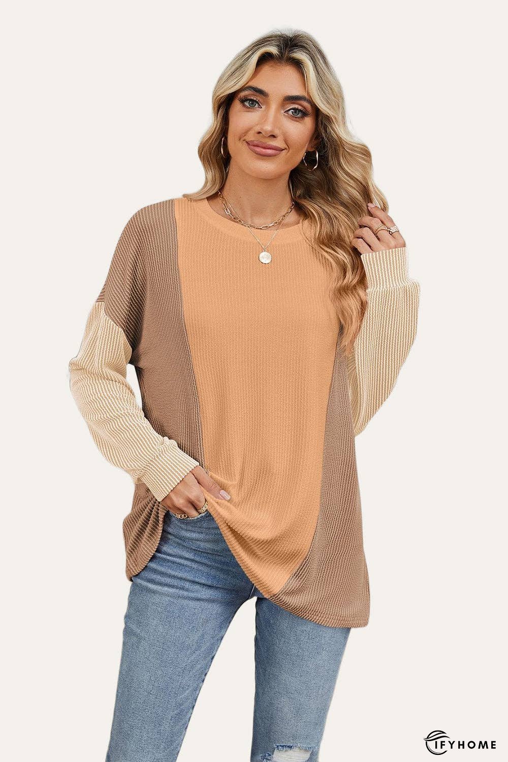 Double Take Texture Contrast Round Neck Long Sleeve T-Shirt | IFYHOME