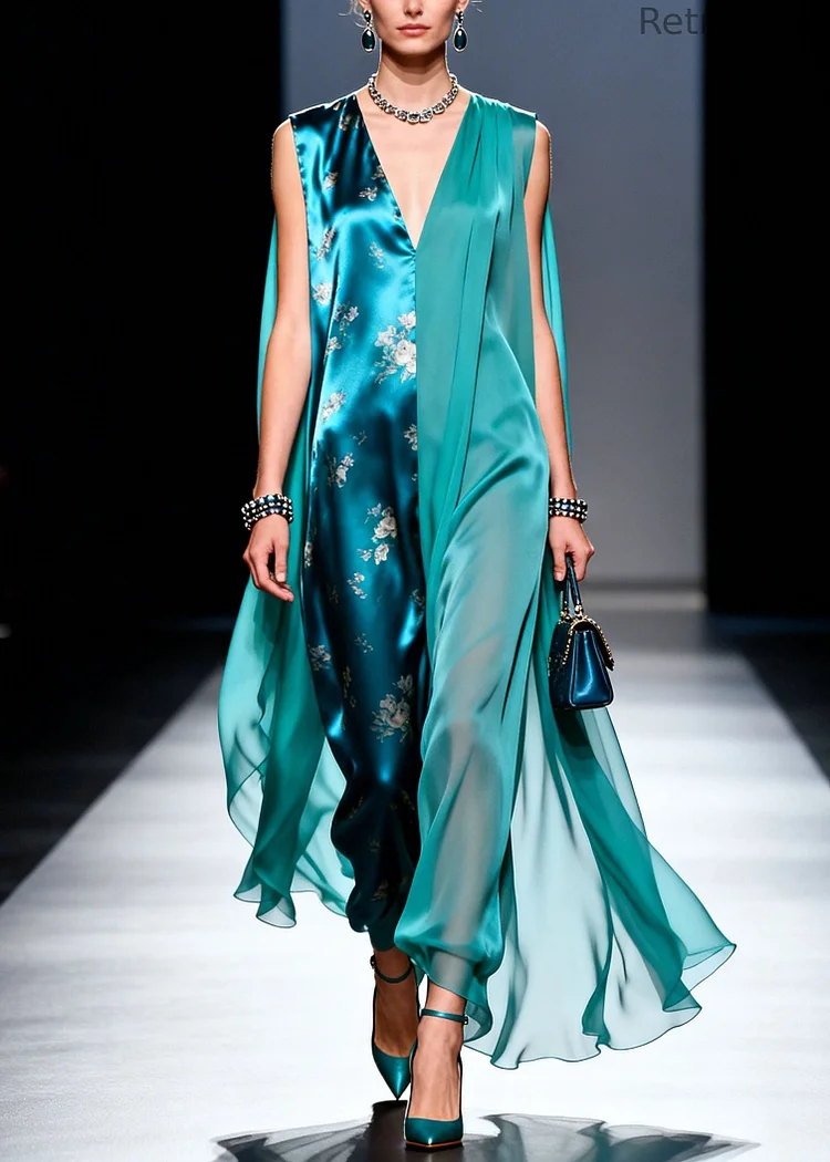 Art Colorblock V Neck Print Patchwork Chiffon Dresses Sleeveless