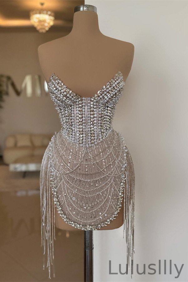 Modern Luxury Short Evening Dresses Sweetheart Beadings Tassels With Pearls - lulusllly