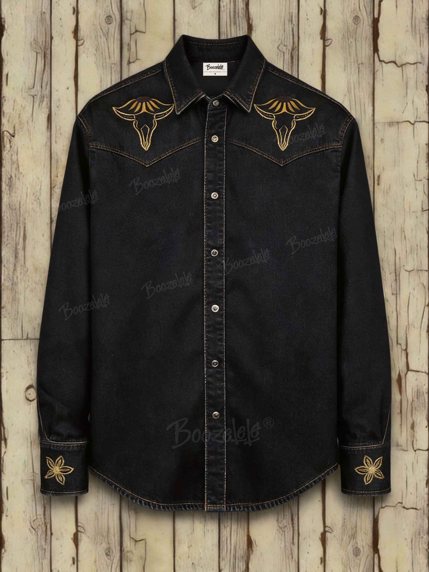 Men'S Cowboy Western Bull'S Head Pattern - Denim Long Sleeves Shirt