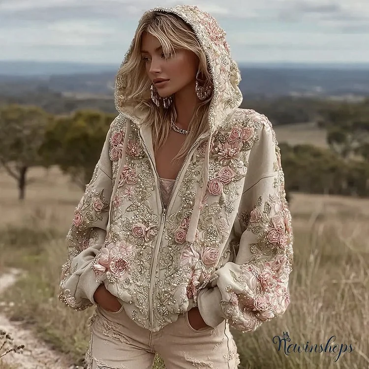 Women's Pink Floral Embroidery Art Casual Zip Pu Hoodie